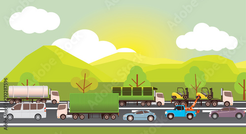 Cartoon style illustration of urban landscape road with cars on warm weather. © thongchainak