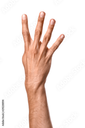 Male hand showing four fingers on white background