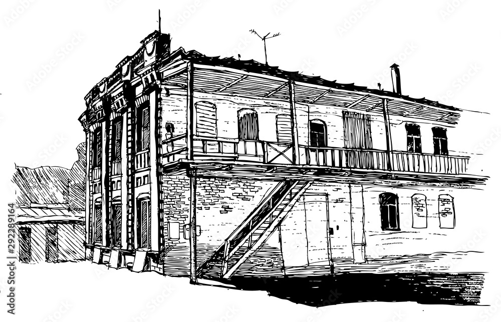 two-story house of the late 19th century in a European city, courtyard facade, vector illustration