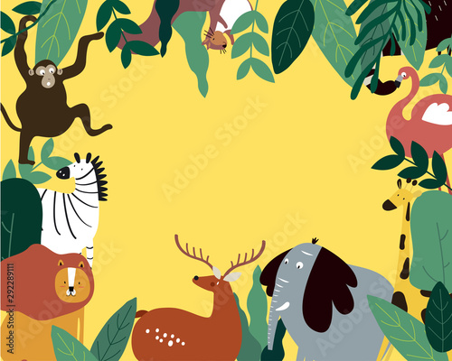 Cartoon wild animals holding banner, Animal Zoo Banner. Funny Animals with Empty Sign. Animals for Your Text and Design.