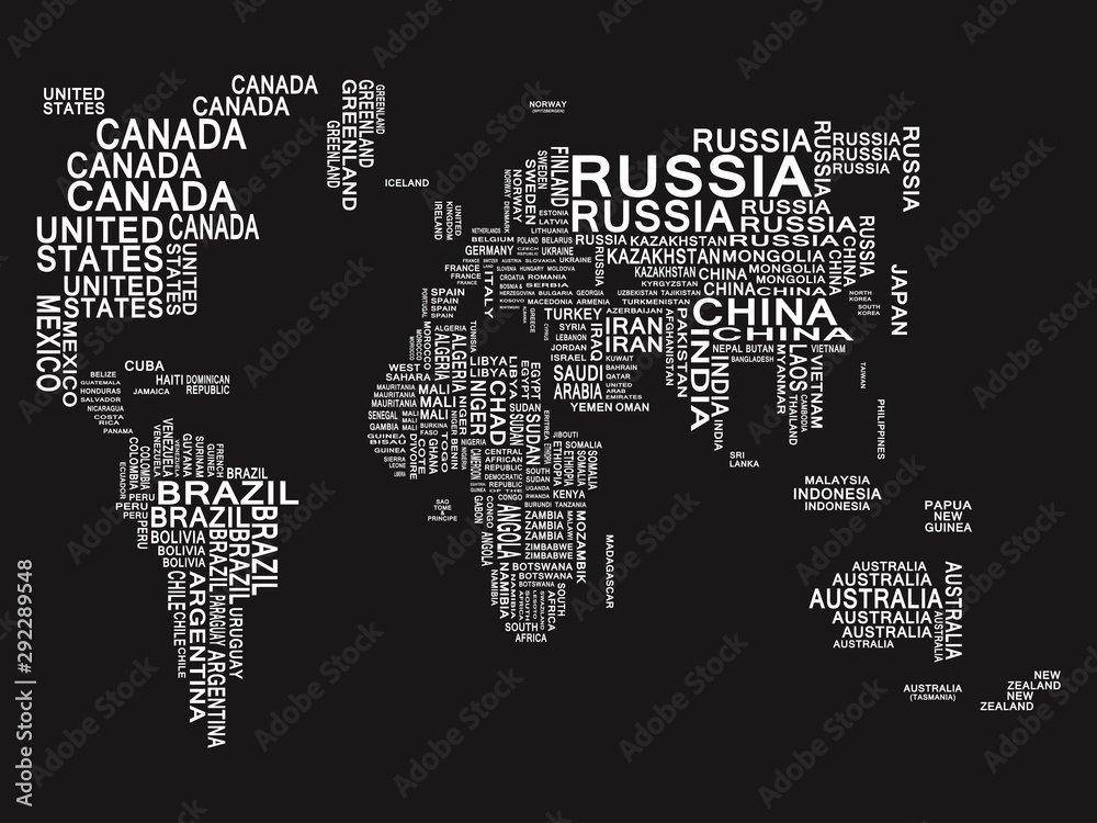 World map. White on a Black background