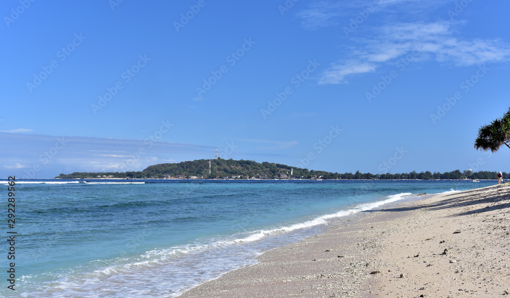 View of Gili Trawangan Island from Gili Meno Island, Gili Islands, Indonesia