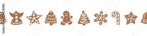 Christmas border with gingerbread cookies. Hand drawn vector illustration for New Year holidays design. Angel, star, tree, candy cane, gingerbread man cookies. Use for border, ribbon, trim, cards