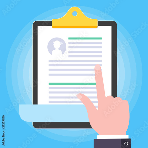 Hand hold clipboard document paper sheet with pesonal data flat style vector illustration with portfolio concept of interview job, qualification test evaluation, cv isolated on light blue background.