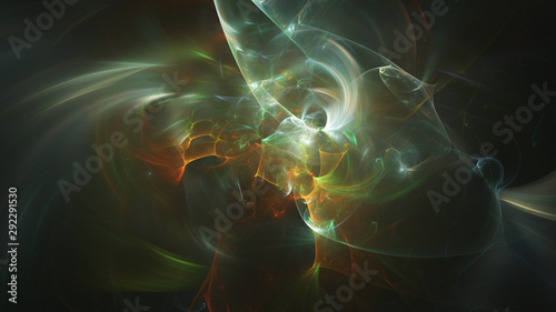 Abstract transparent green and orange crystal shapes. Fantasy light background. Digital fractal art. 3d rendering.