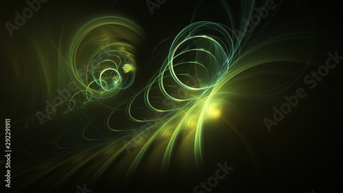 Abstract transparent yellow and green crystal shapes. Fantasy light background. Digital fractal art. 3d rendering.