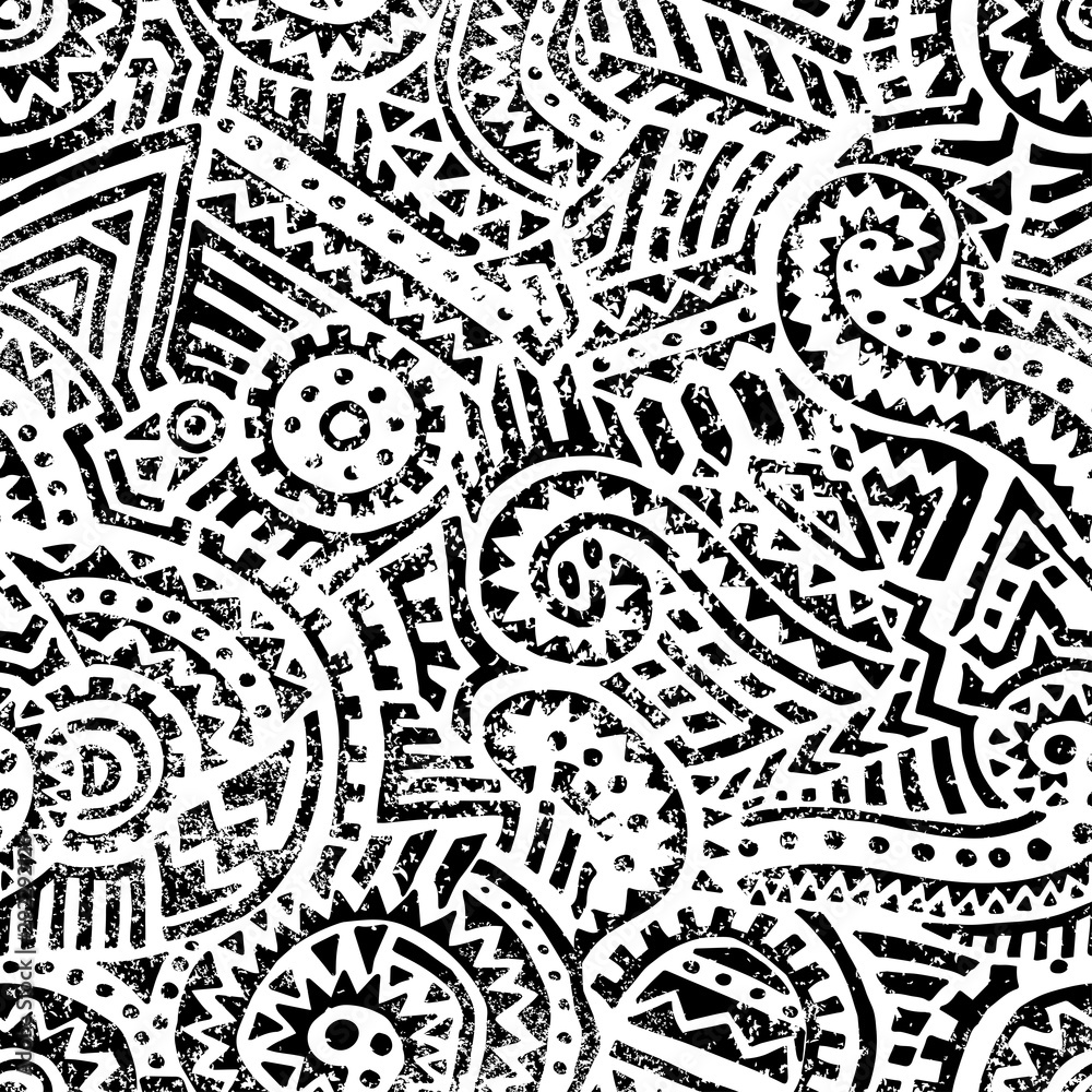 Seamless black and white geometric pattern. Hand drawn ink ornament. Vintage print for textiles. Vector illustration.