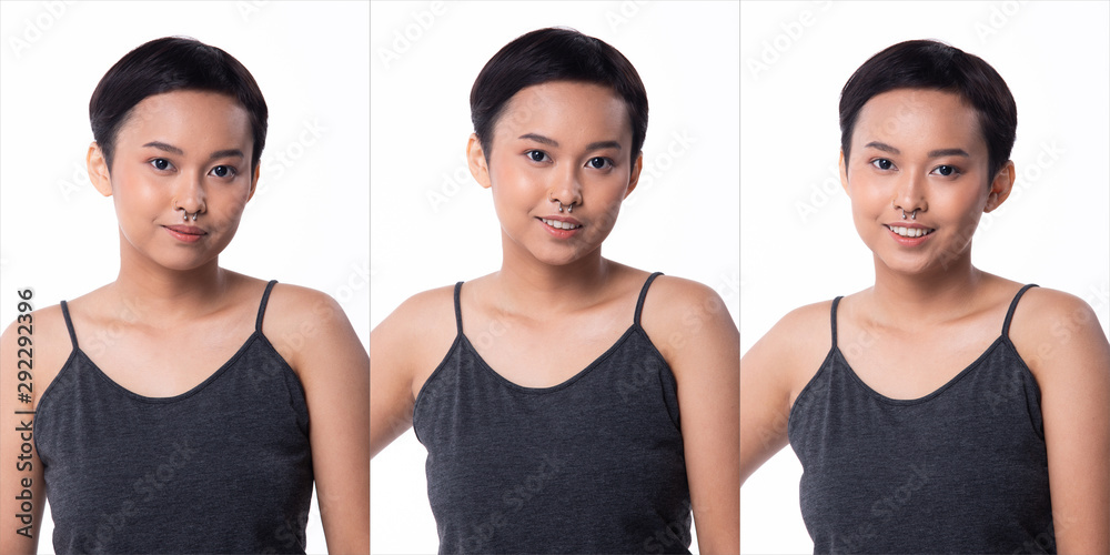 Fashion Young tanned skin Asian Woman short fringe hair wear Gray vast short jean and high platform shoes. Studio Lighting white Background isolated, collage group pack portrait Face emotion feeling Fashion Young tanned skin Asian Woman short fringe hair wear Gray vast short jean and high platform shoes. Studio Lighting white Background isolated, collage group pack portrait Face emotion feeling