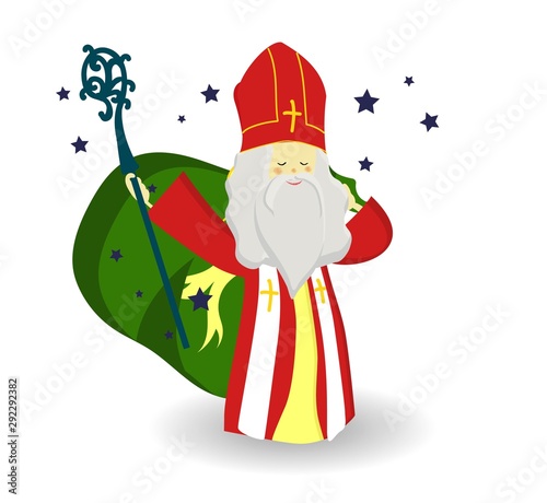 Cute greeting card with Saint Nicholas with mitre, pastoral staff and falling snow. European winter tradition. Hand-lettered text. Flat design, vector illustration.