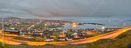 Torshavn city panoramic view summer night. Faroe islands capital. Streymoy photo