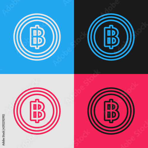 Color line Cryptocurrency coin Bitcoin icon isolated on color background. Blockchain technology, bitcoin, digital money market, cryptocoin wallet. Vintage style drawing. Vector Illustration