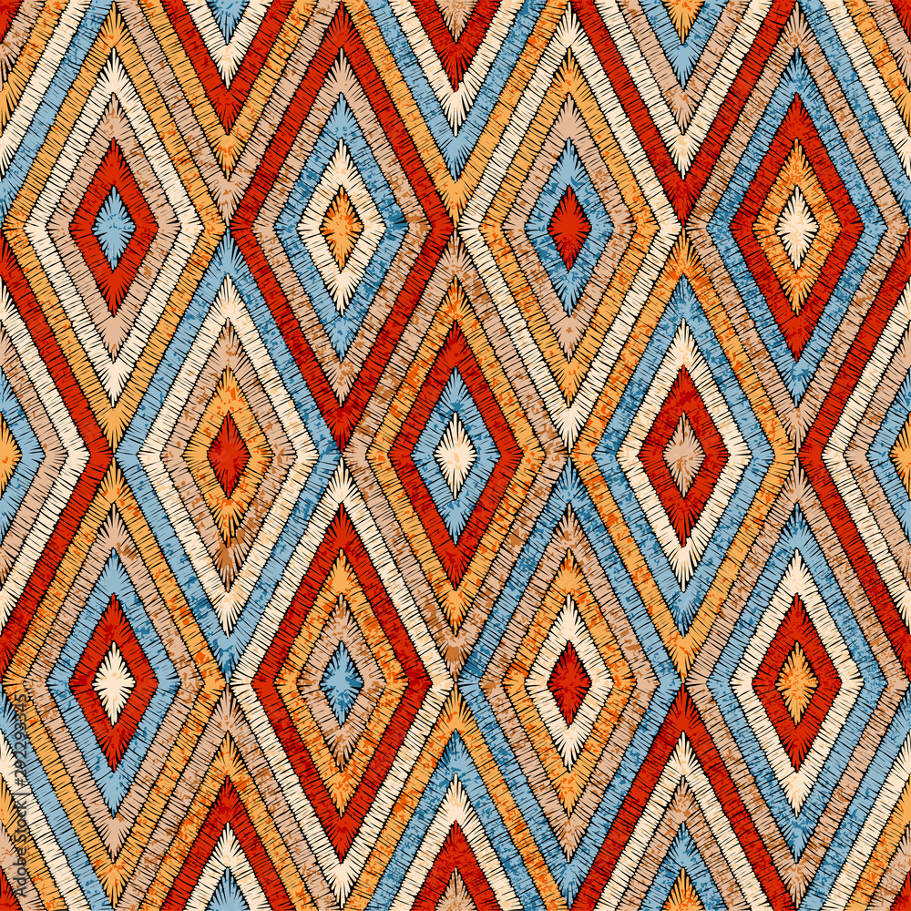 Embroidered seamless geometric pattern. Ornament for the carpet. Ethnic and tribal motifs. Vintage grunge texture. Colorful print of handmade. Orange, gray, black and blue colors. Vector art.
