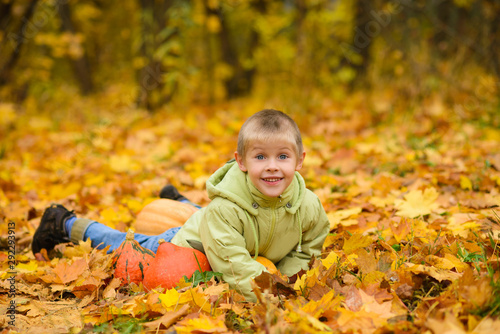 smiling boy in jacket lies in autumn yellow fallen leaves with pumpkins in park