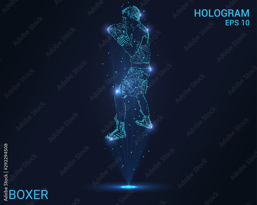 Hologram boxer. Holographic projection of a boxer. Flickering energy flux of particles. The scientific design of the sport.