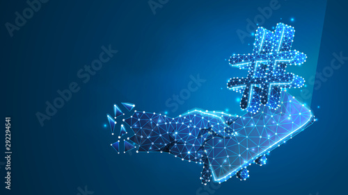 Phone in a hand with Hashtag, number mark on mobile screen. Chat, media community, message concept. Abstract, digital, wireframe, low poly mesh, Raster blue neon 3d illustration. Line, dot