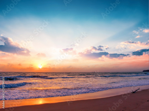 World environment day concept  Colorful ocean beach sunrise