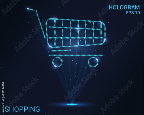 Hologram shopping. Holographic projection shopping cart. Flickering energy flux of particles. Scientific design trade.