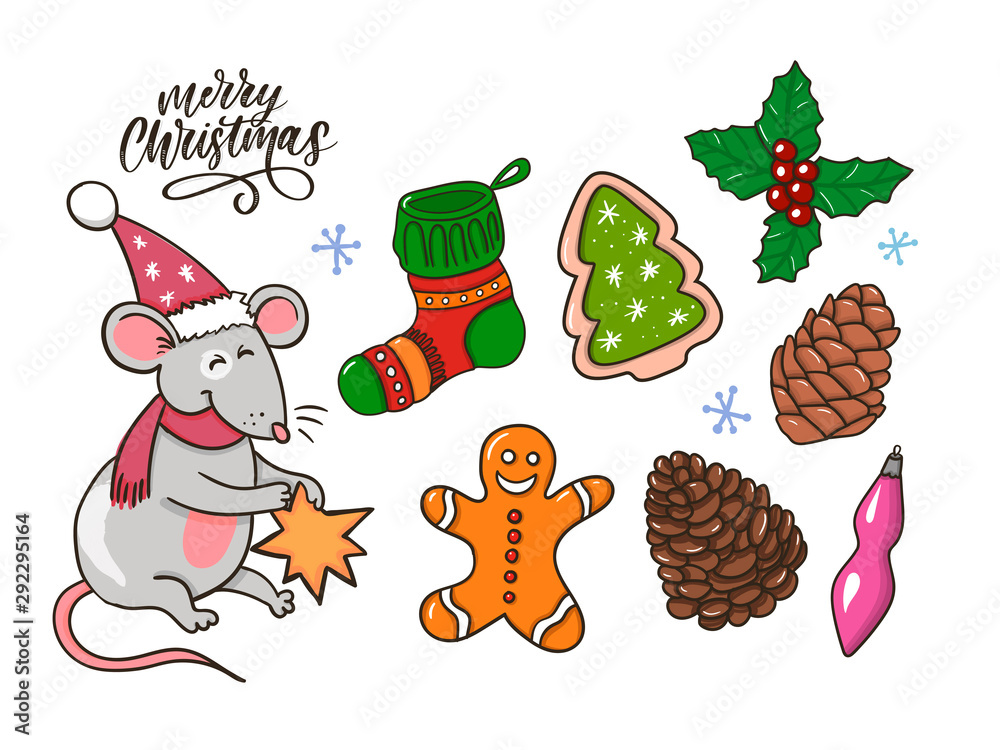 Merry Christmas traditional symbols in doodle style isolated on white background. Vector illustration of New Year attributes gingerbread Rat Christmas tree etc. Happy New Year sketches. Merry Christmas traditional symbols in doodle style isolated on white background. Vector illustration of New Year attributes gingerbread Rat Christmas tree etc. Happy New Year sketches.