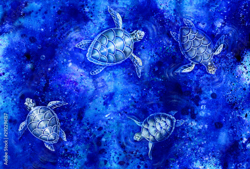 Sea turtles in the water. Watercolor illustration. 