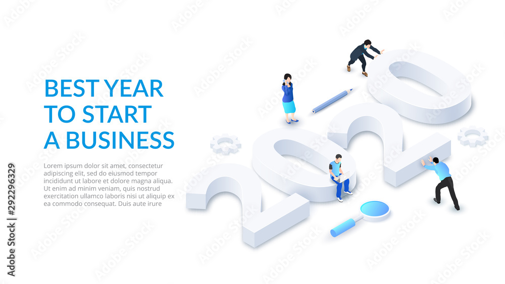 The New Year 2020 isometric number design concept. Landing page with people. Best year to start a business.