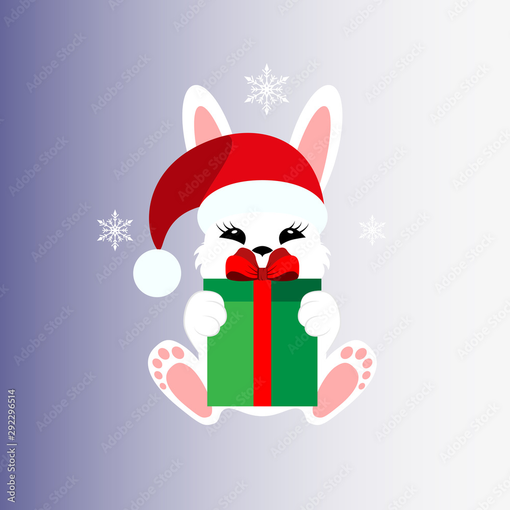Bunny with a gift in a Christmas cap. Icon. Stiker. Vector. Flat.
