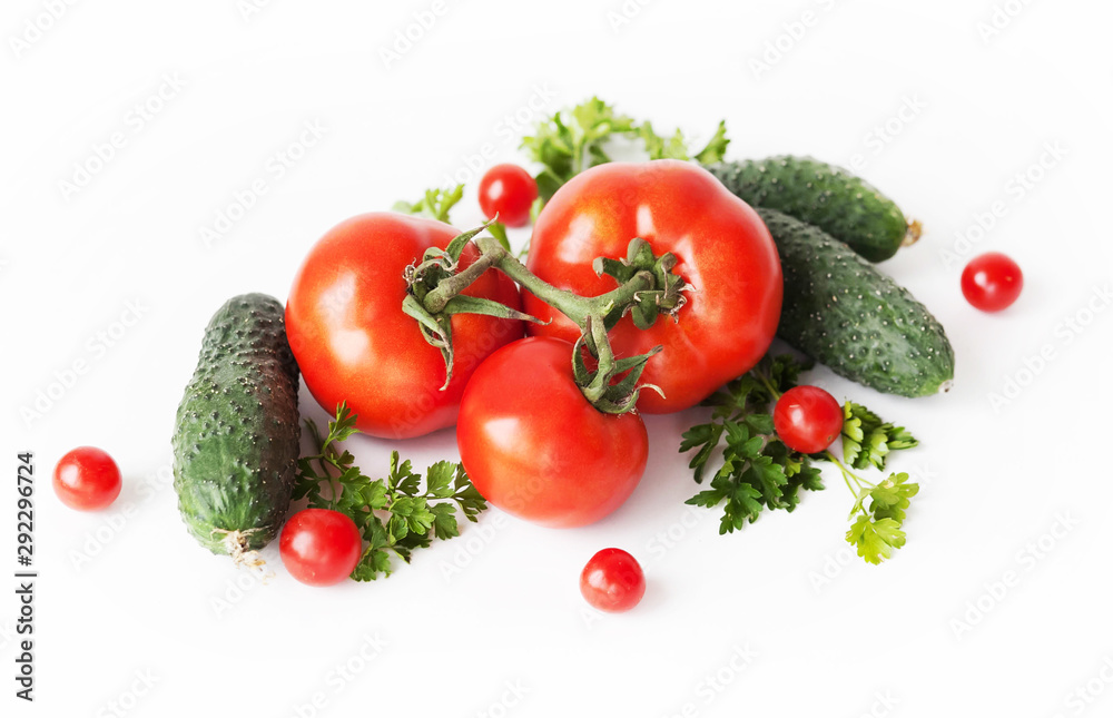 Flat lay composition with fresh cucumber, green-stuff and tomatoes on white background with copy cpace