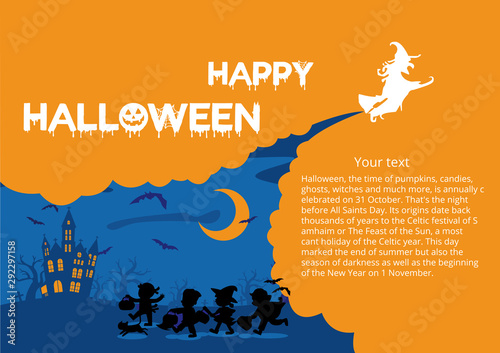 Happy Halloween. Children dressed in Halloween fancy dress to go Trick or Treating. Orange halloween background with your text.
