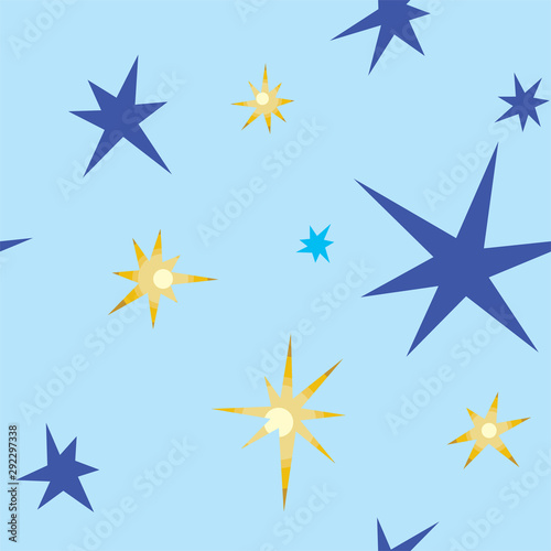 Vector seamless pattern with golden, blue, light blue stars isolated on light blue background