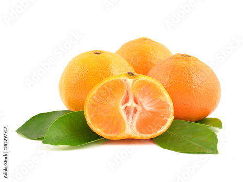 Orange mandarins with leaf isolated on white background. Healthy fruits, tangerines. 