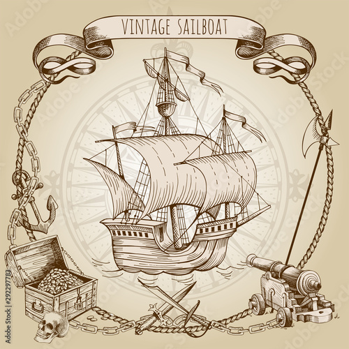 Adventure stories. Pirate background. Vintage border frame. Old caravel, vintage sailboat. Cannon, ghost ship, shipwreck, sea battle