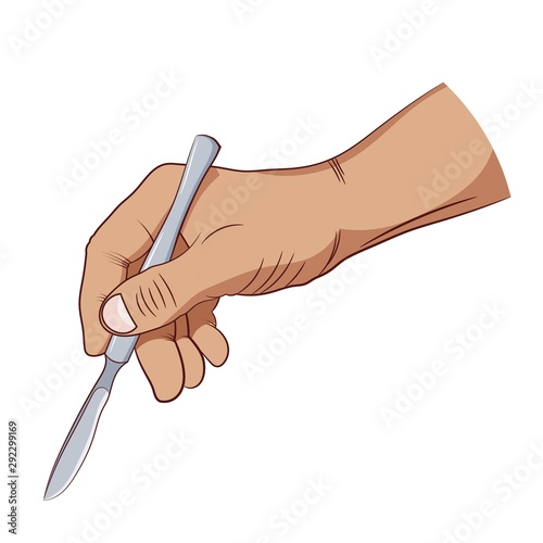 Hand drawing of a medical metal scalpel and human hand on a white background. The brush of a surgeon cutting the skin for surgery. Vector illustration of a medic and scalpel