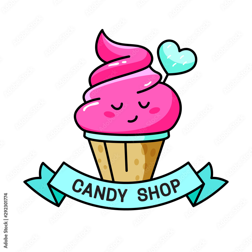 Candy shop illustration with cute cupcake