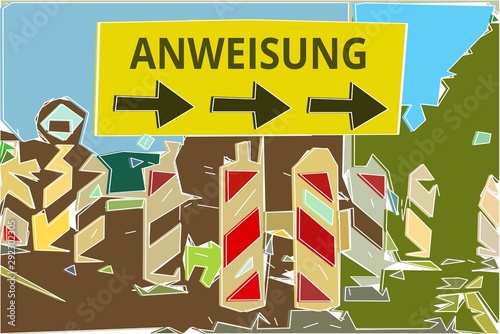 Anweisung - Konzept Wegweiser Gelbes Schild 14, Pfeile nach rechts photo