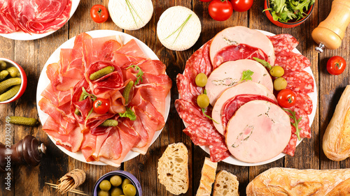 assorted of meats, delicatessen with ham, bacon,speck,bacon and salami