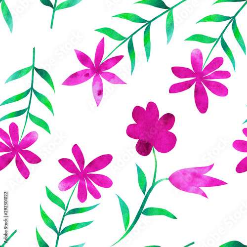 Floral seamless pattern with pink flowers on a white background. Watercolor. Hand drawn. Botanical composition