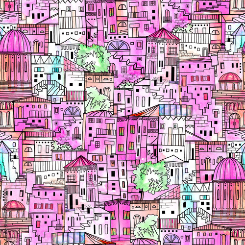 Abstract architectural seamless pattern of southen urban development. Hand drawing, watercolor