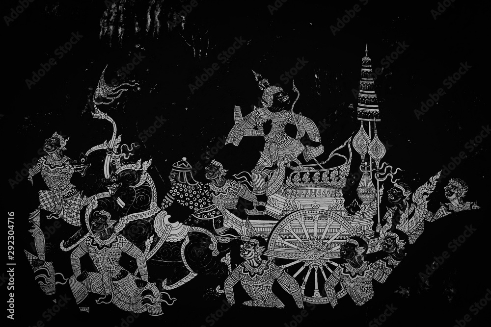 The Ramakian (Ramayana) mural paintings color black and white along the ...
