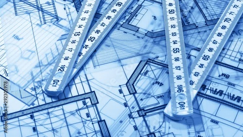 Wallpaper Mural Blueprints - architectural drawings, a ruler on the surface of the architectural plan of a modern house Torontodigital.ca