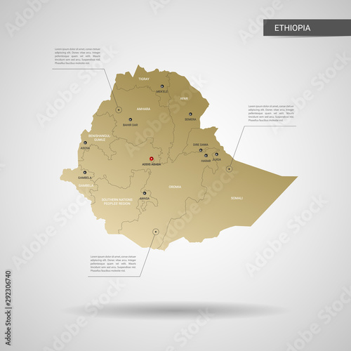Stylized vector Ethiopia map.  Infographic 3d gold map illustration with cities, borders, capital, administrative divisions and pointer marks, shadow; gradient background. 