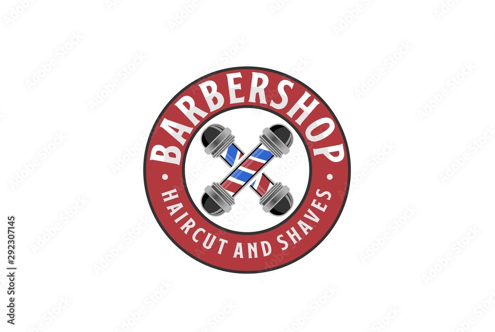 Barbershop circle seal emblem logo design with red blue barber sign illustration Barbershop circle seal emblem logo design with red blue barber sign illustration