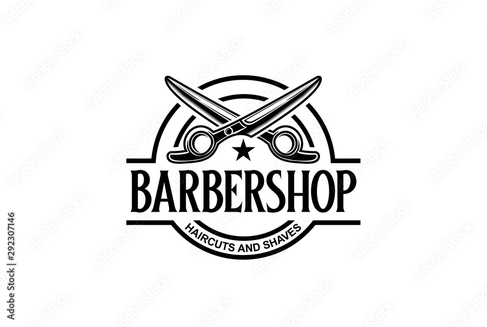 Barbershop circle seal emblem logo design with scissor illustration Barbershop circle seal emblem logo design with scissor illustration