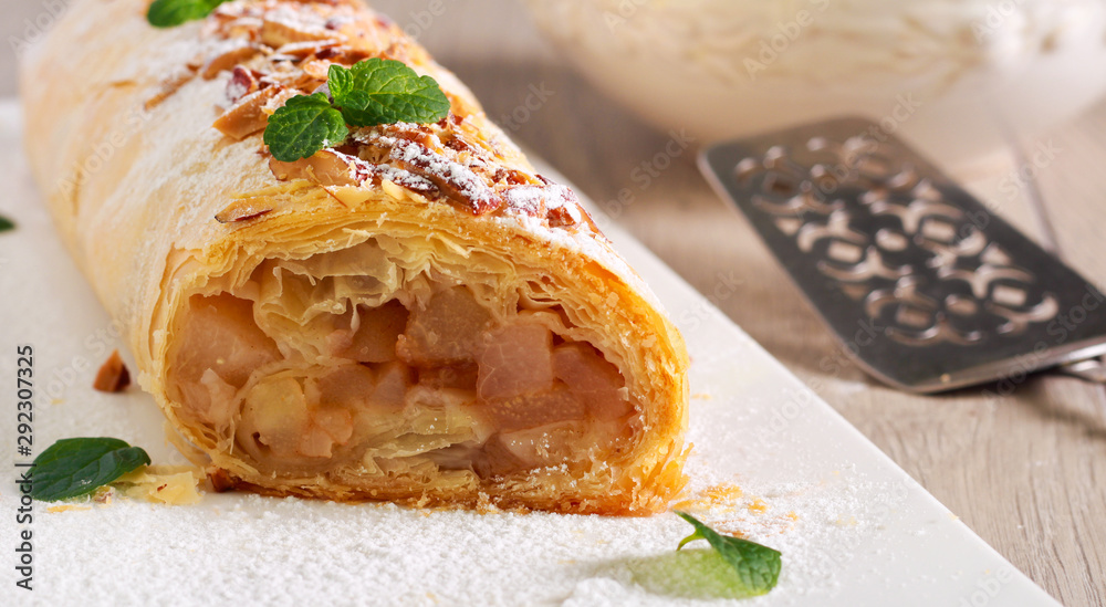 Pear and nut spicy strudel, sliced Pear and nut spicy strudel, sliced
