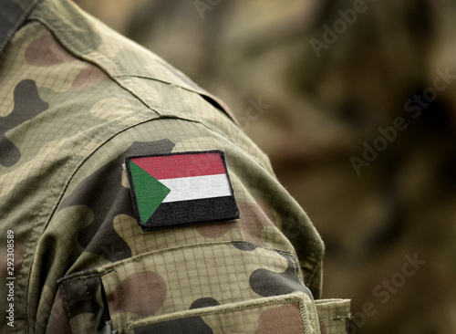 Flag of Sudan on military uniform. Army, soldiers, Africa (collage).