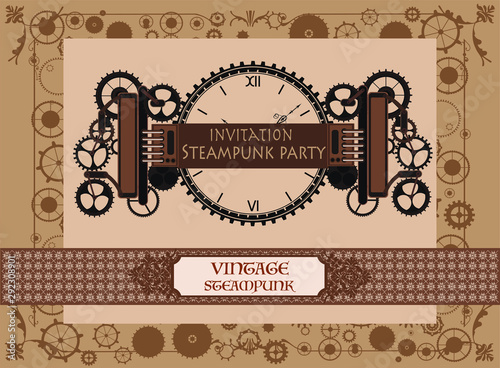 Frame vintage, steampunk mechanical clock with cogs, gears menu invitation