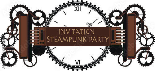 Steampunk frame background, vintage mechanical clock with cogs, gears menu invitation