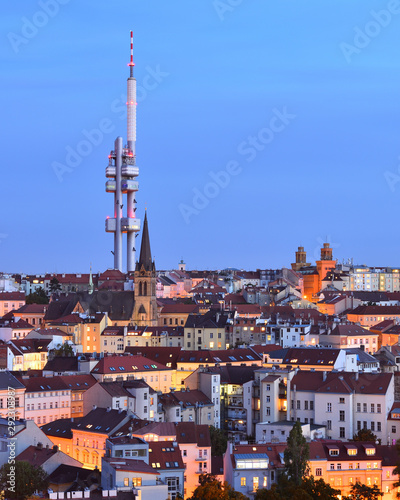 Praha 3 - Zizkov (Czech: ≈Ωi≈ækov) district and Zizkov Television Tower (Czech: ≈Ωi≈ækovsk√Ω vys√≠laƒç). Evening. Prague, Czech Republic. photo