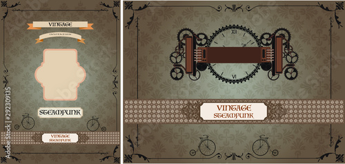 Frame vintage, steampunk mechanical clock with cogs, gears menu invitation
