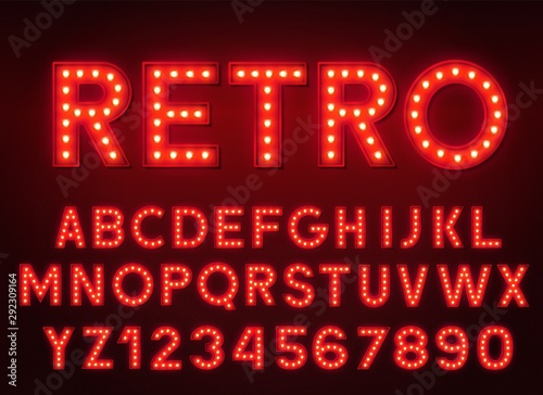 3d light bulb red alphabet with numbers on a dark background. Retro glowing font.