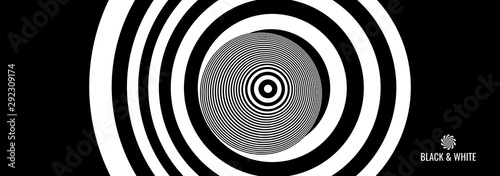 Target hit in the center. Black and white design with optical illusion. Abstract striped background. Vector illustration.