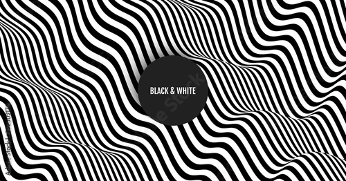 Black and white design. Pattern with optical illusion. Abstract 3D geometrical background. Vector illustration.